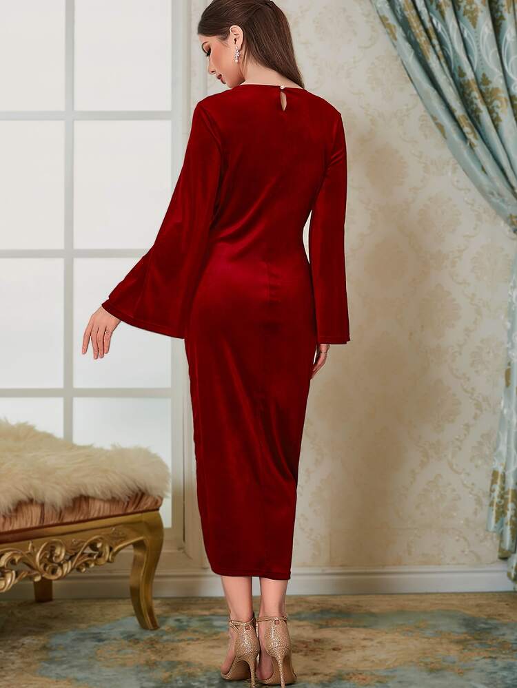 Modelyn Burgundy Red Contrast Lace Split Front Velvet Dress - Burgundy - View 2
