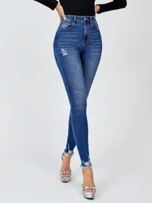SHEIN Tall Jeans ajustados de talle alto roto bajo crudo - Azul lavado oscuro - Ver 1