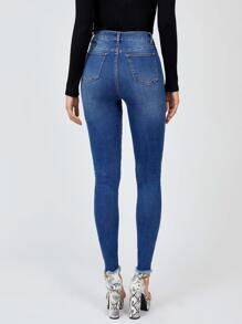 SHEIN Tall Jeans ajustados de talle alto roto bajo crudo - Azul lavado oscuro - Ver 2