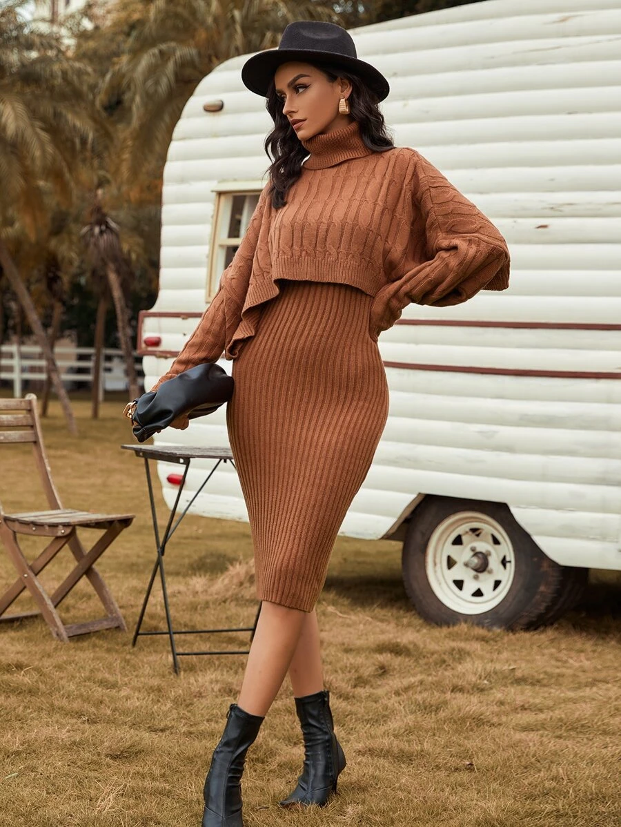 Modelyn Áo len nữ kết hợp màu trơn Thanh lịch - màu nâu - Xem 1