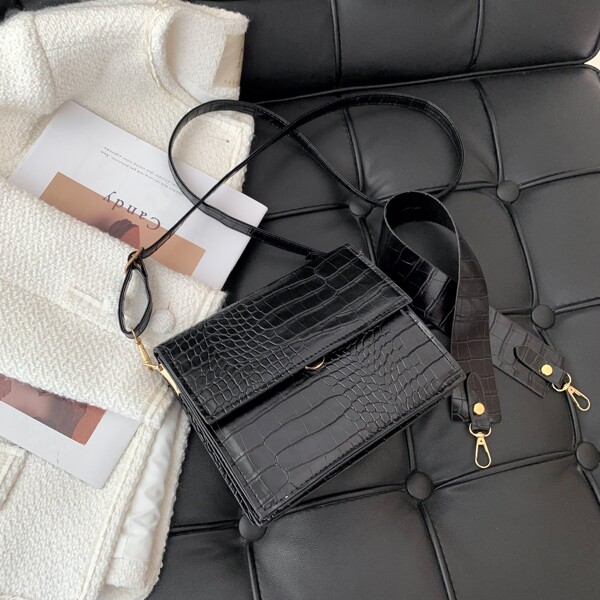 

Crocodile Embossed Flap Square Bag, Black
