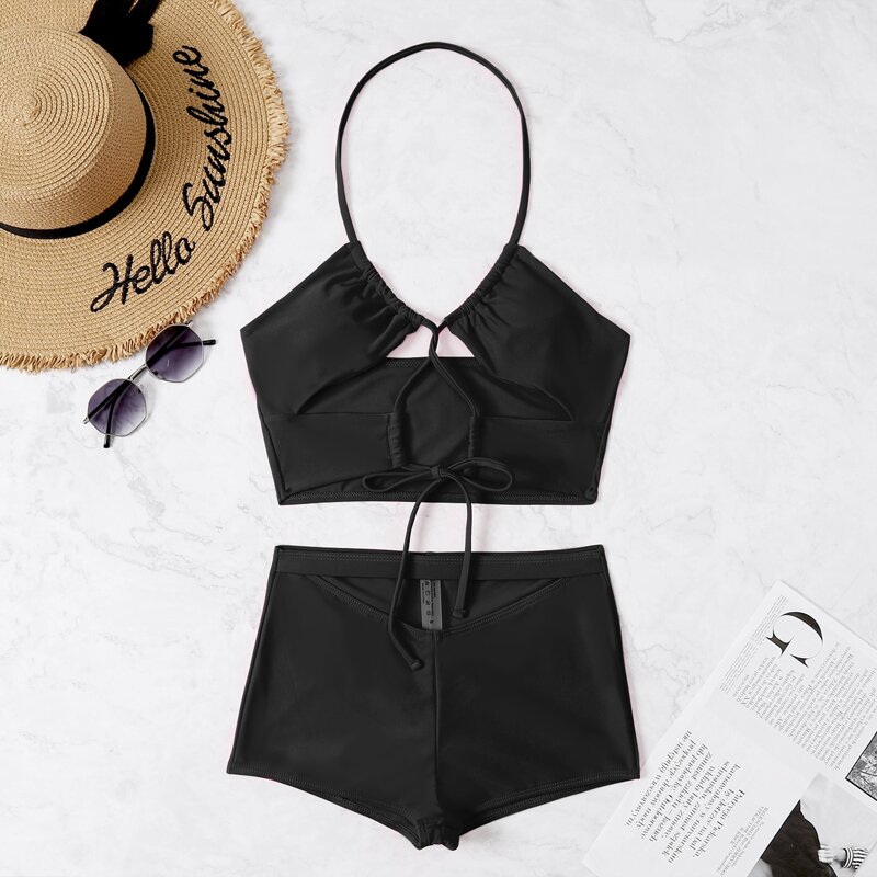 

Lace Up Halter Bikini Swimsuit, Black
