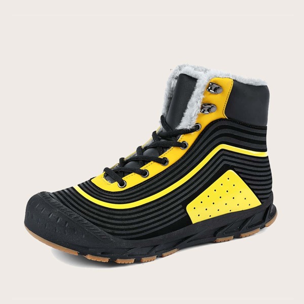 

Two Tone Striped Pattern Fuzzy Hiking Shoes, Yellow