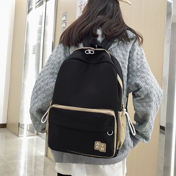 

Colorblock Letter Patch School Bag, Black