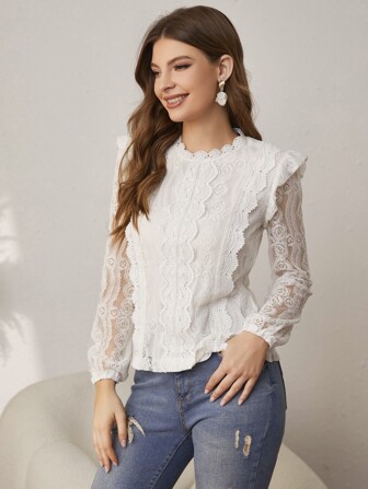 Simplee Women's Fitted Round Neck Hollow Sleeve Lace Blouse, Suitable For Back To School And Fashionable Outings, Spring/Autumn