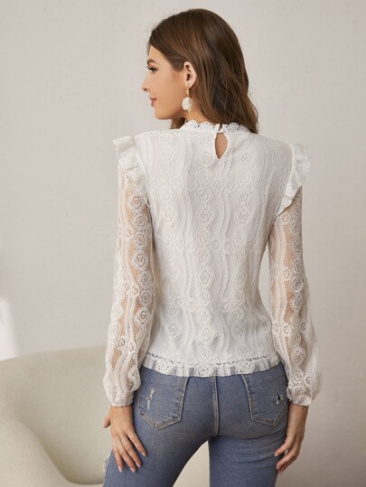 Simplee Blusa de encaje de cuello redondo ajustada con mangas huecas, adecuada para primavera/otoño, de moda para salir y volver a la escuela en color blanco