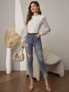 Simplee Women's Fitted Round Neck Hollow Sleeve Lace Blouse, Suitable For Back To School And Fashionable Outings, Spring/Autumn - White - View 3