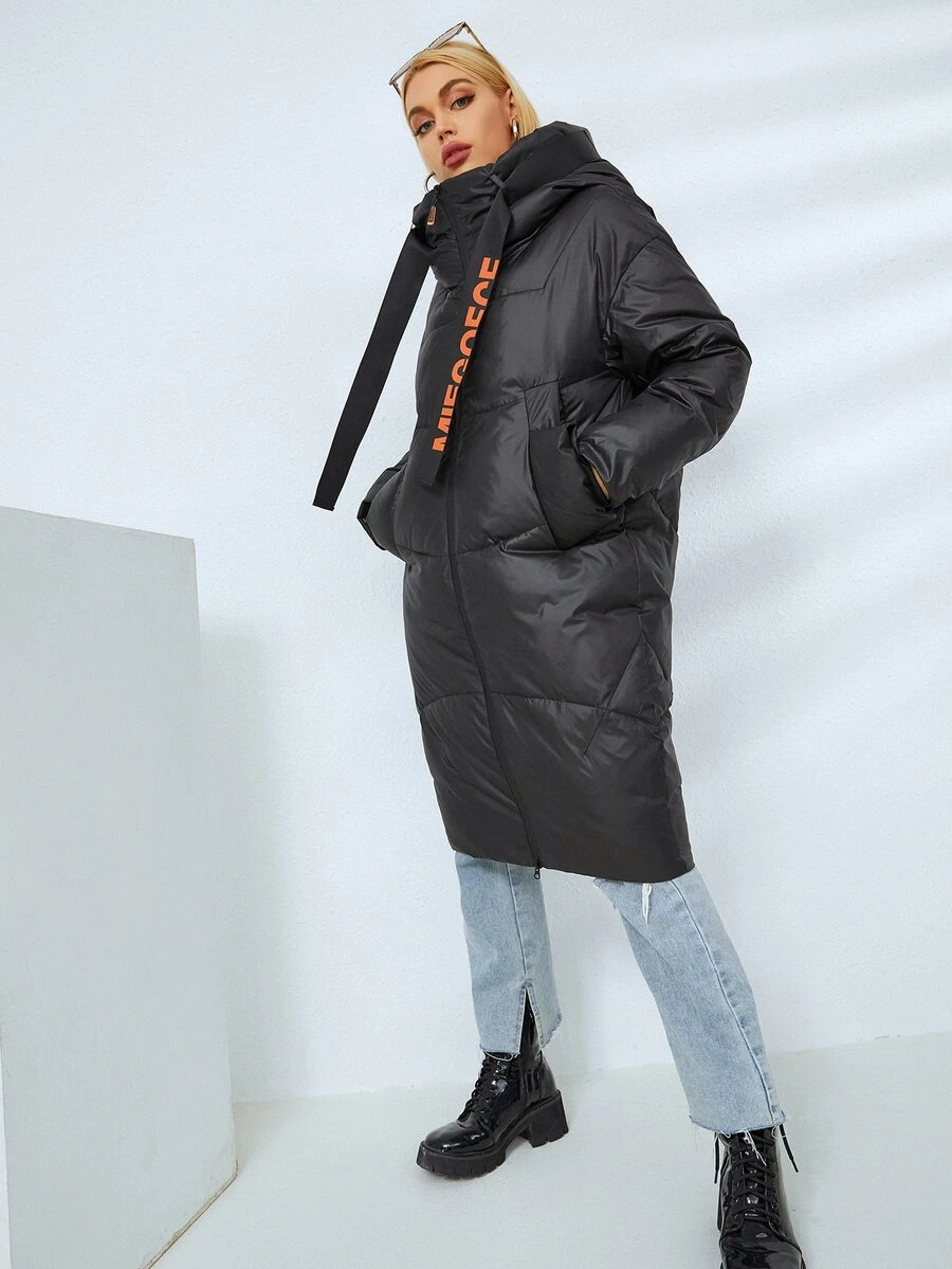 MIEGOFCE 字母带拉链连帽夹棉大衣 - 黑色 - 查看 1