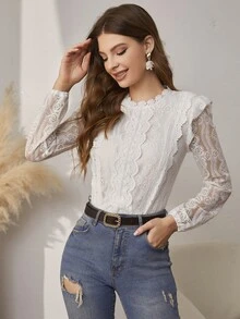Simplee Women's Fitted Round Neck Hollow Sleeve Lace Blouse, Suitable For Back To School And Fashionable Outings, Spring/Autumn - White - View 4