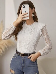Simplee Women's Fitted Round Neck Hollow Sleeve Lace Blouse, Suitable For Back To School And Fashionable Outings, Spring/Autumn - White - View 5