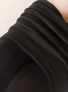 Leggings de cintura alta sólidos, forrados de felpa, acogedores - Negro - Ver 2