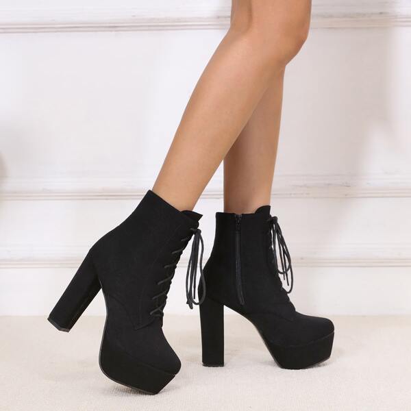 

Minimalist Lace-up Front Platform Chunky Heeled Boots, Black