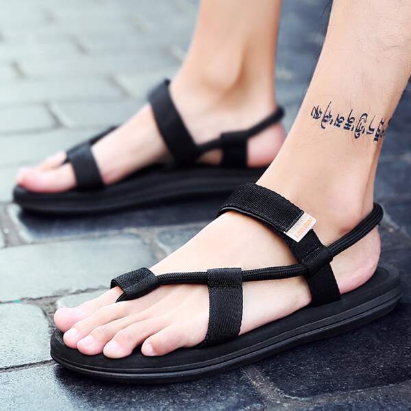 

Men Letter Patch Toe Post Sandals, Black