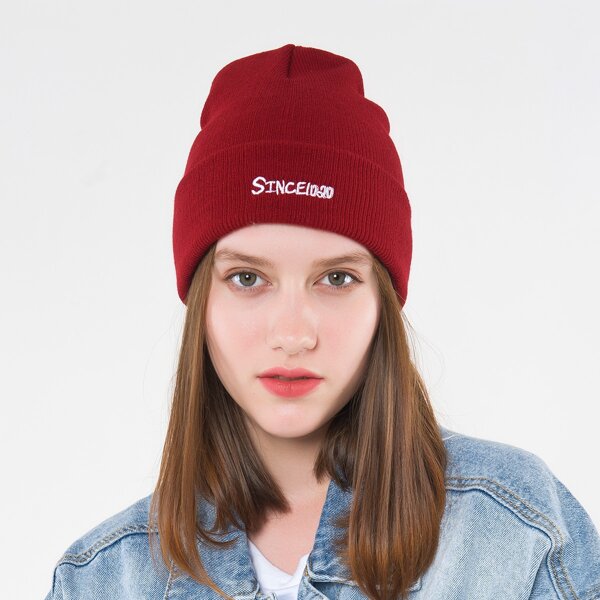 

Letter Embroidery Knit Beanie, Burgundy