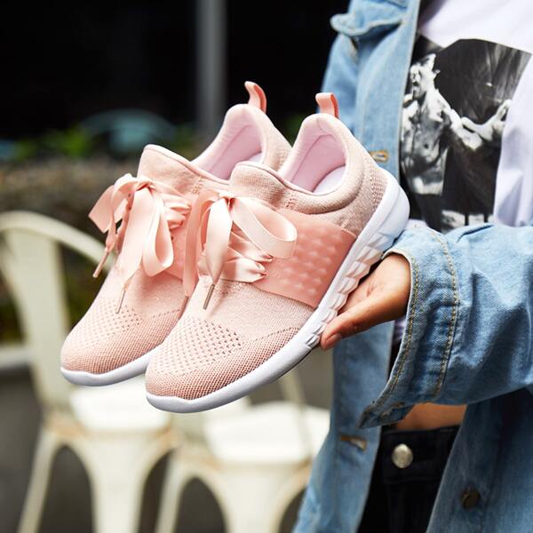 

Minimalist Lace Up Decor Knit Sneakers, Pink