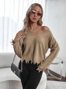 Ribbed Knit Drop Shoulder Distressed Jumper - Khaki - View 1