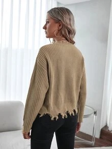 Ribbed Knit Drop Shoulder Distressed Jumper - Khaki - View 2