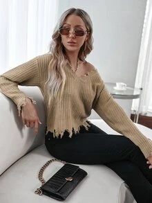 Ribbed Knit Drop Shoulder Distressed Jumper - Khaki - View 4