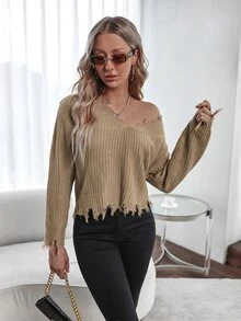 Ribbed Knit Drop Shoulder Distressed Jumper - Khaki - View 5