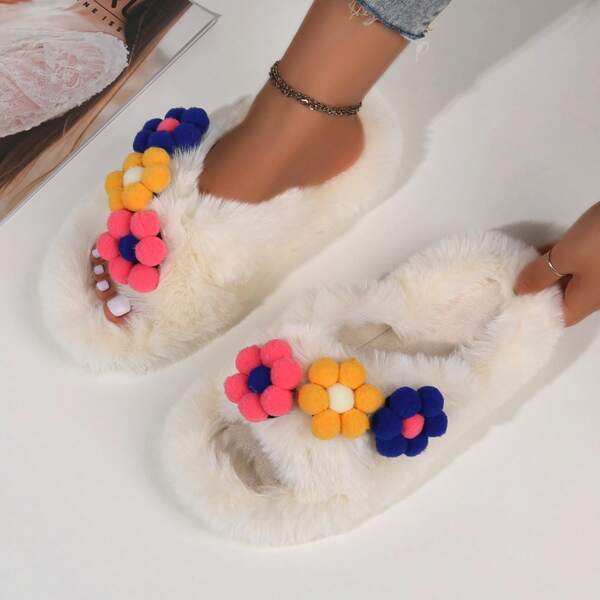 

Floral Decor Fluffy Slippers, Beige