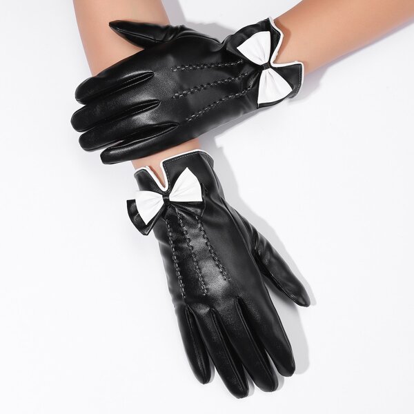 

Bow Knot Decor PU Gloves, Black