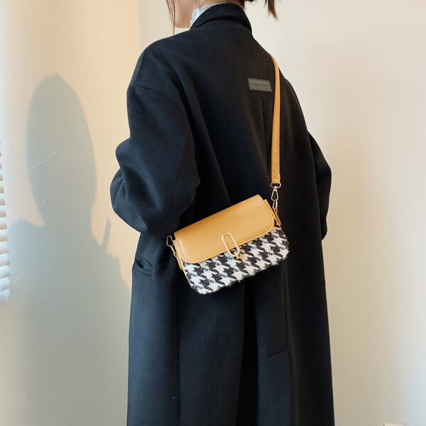 

Colorblock Houndstooth Pattern Flap Square Bag, Yellow