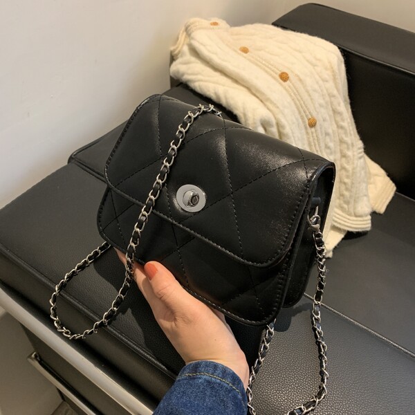 

Quilted Twist Lock Chain Crossbody Bag, Black