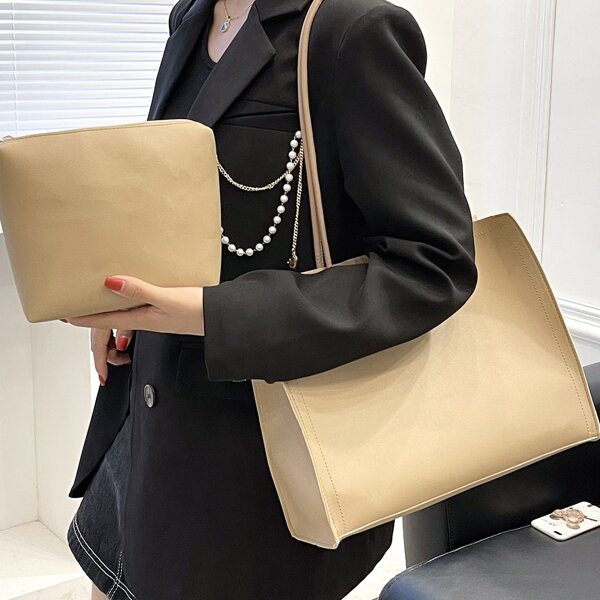 

Minimalist Shoulder Tote Bag With Inner Pouch, Khaki