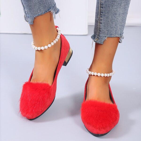 

Faux Pearl Decor Ankle Strap Flats, Red
