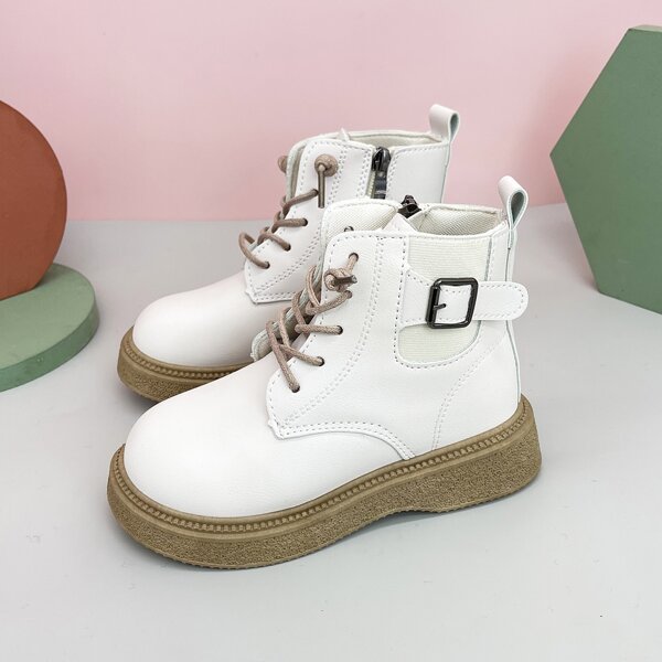 

Girls Minimalist Buckle Lace-up Front Boots, Beige