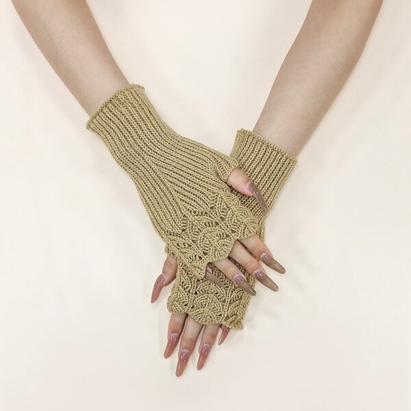 

Fingerless Knit Gloves, Beige