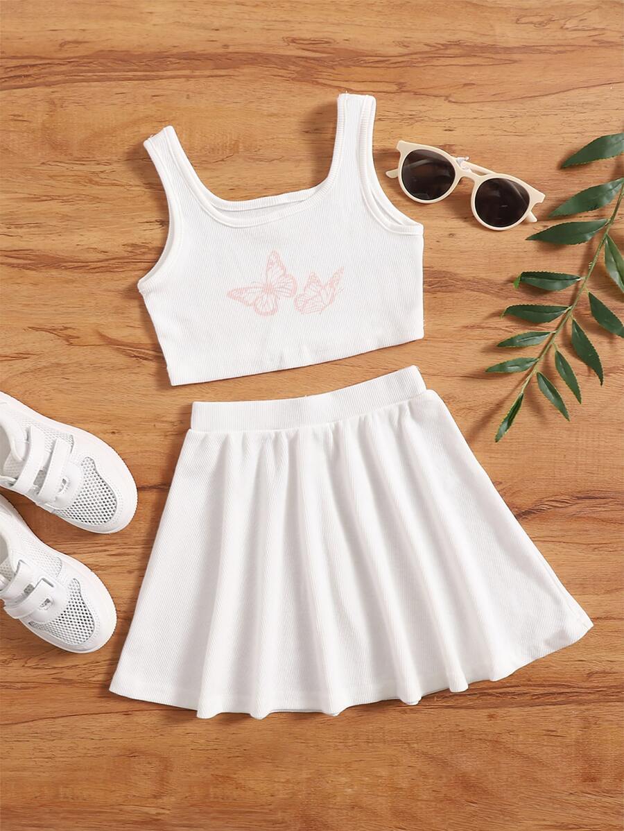 SHEIN Bộ thời trang bé gái Gân đan Loại bướm Giải trí - trắng - Xem 1