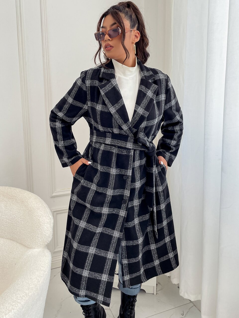 Plus Plaid Single Breasted Overcoat