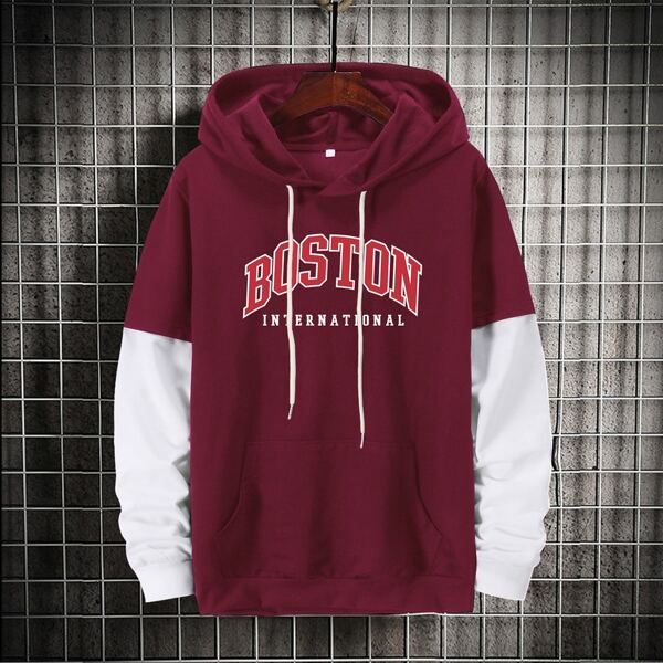

Men 2 In 1 Letter Graphic Kangaroo Pocket Drawstring Hoodie, Red and white