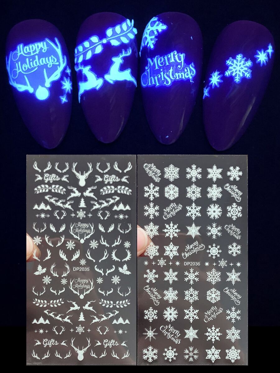 2張發光聖誕節指甲貼紙,聖誕自粘指甲貼花,聖誕節派對禮物袋填充物,適用於兒童,聖誕節,新年派對裝飾 - 白色 - 查看 1