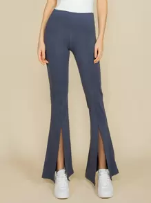 Wear-Resistant Feels Like Skin Split Hem Flare Leg Sports Trousers - Navy Blue - View 1