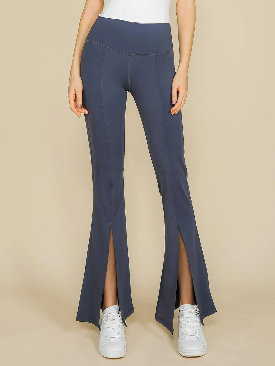 Wear-Resistant Feels Like Skin Split Hem Flare Leg Sports Trousers - Navy Blue - View 1