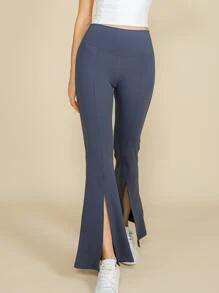 Wear-Resistant Feels Like Skin Split Hem Flare Leg Sports Trousers - Navy Blue - View 6