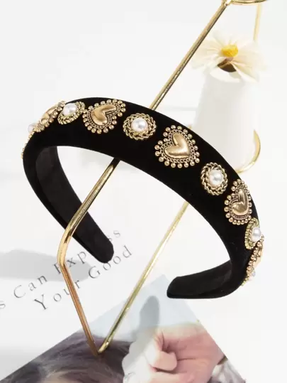 Diadema con decoración de perlas falsas con forma de corazón, accesorios para el cabello de mujer, tiaras reales, accesorios para el Día de San Valentín, diadema, aro para el cabello, accesorios para la cabeza, negro