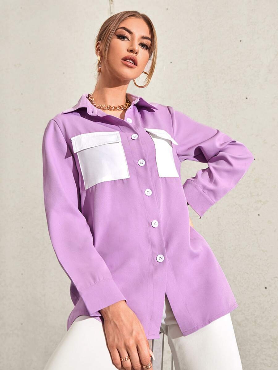 Mulvari 1pc Flap Pocket Button Up Shirt - Lilac Purple - View 1