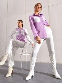 Mulvari 1pc Flap Pocket Button Up Shirt - Lilac Purple - View 3
