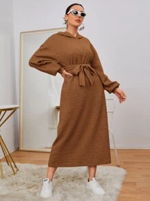 Mulvari Drop Shoulder Solid Belted Hoodie Dress - Brown - View 1