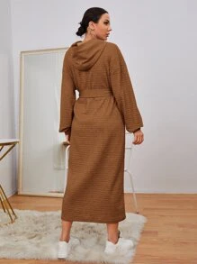 Mulvari Drop Shoulder Solid Belted Hoodie Dress - Brown - View 2