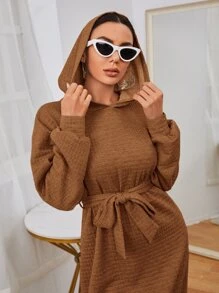 Mulvari Drop Shoulder Solid Belted Hoodie Dress - Brown - View 3