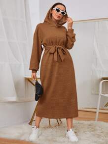 Mulvari Drop Shoulder Solid Belted Hoodie Dress - Brown - View 4