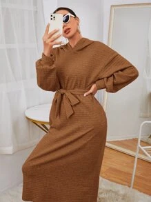 Mulvari Drop Shoulder Solid Belted Hoodie Dress - Brown - View 5