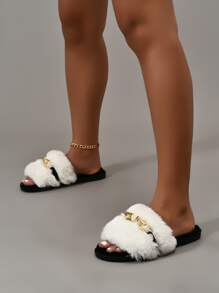 Pantuflas de dormitorio de felpa de color sólido de moda blancas para mujer