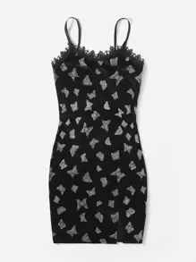 Butterfly Graphic Contrast Lace Cami Dress - Black - View 1