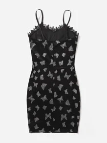 Butterfly Graphic Contrast Lace Cami Dress - Black - View 2