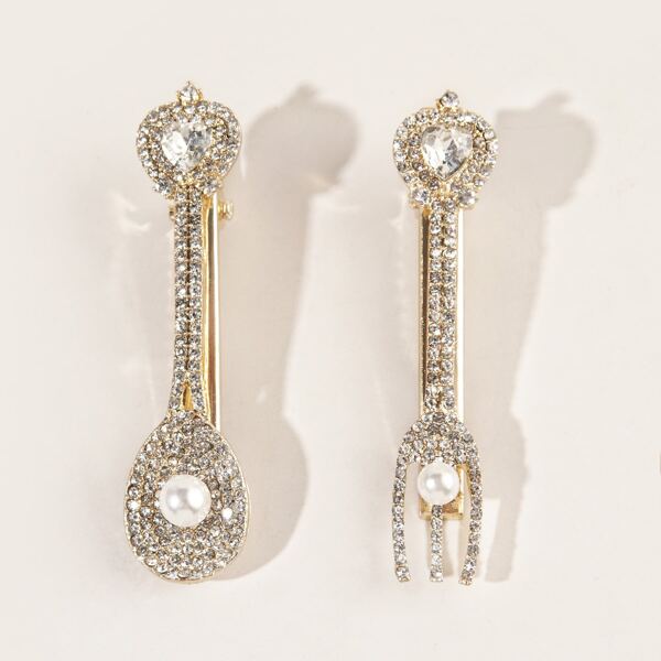 

2pcs Rhinestone Fork Decor Hair Clip, White
